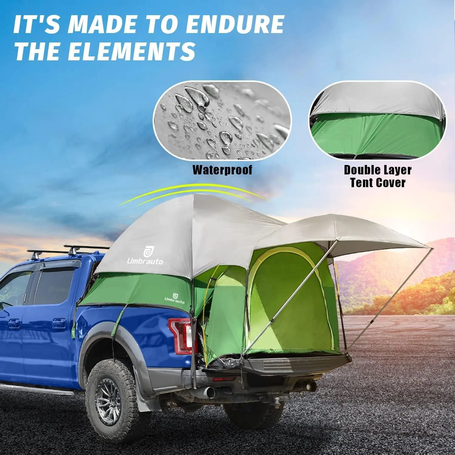 Umbrauto Truck Bed Tent with Awning: 6.4-6.7FT PU3000mm Waterproof Tailgate Pickup Truck Tents, Easy Set-up for 2 Person, Fits Full Size Short Bed, Chevy, Dodge, Ford, GMC, Lime