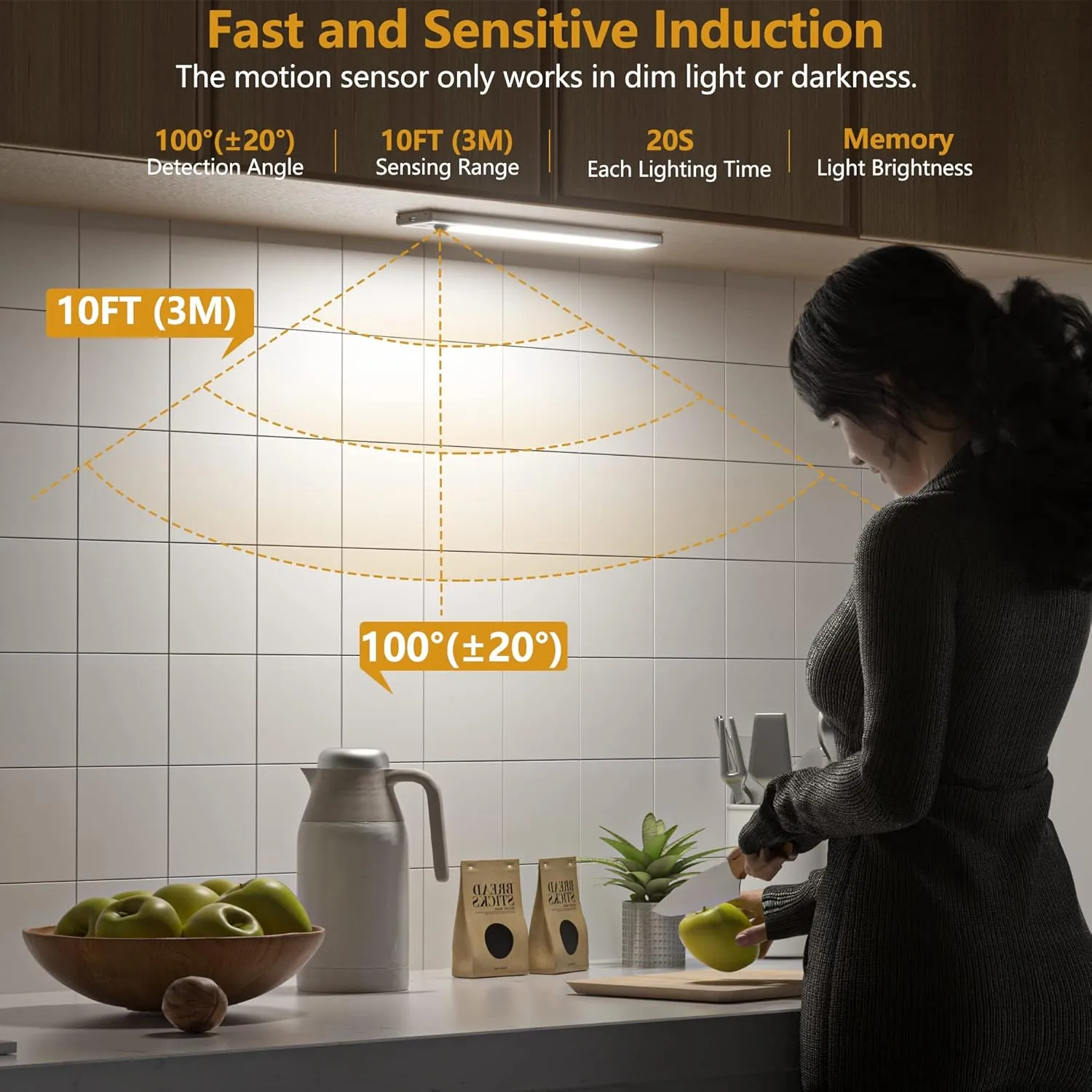 Under Cabinet Lights Motion Sensor 3 Color Temperatures LED Closet Light, USB-C Rechargeable Under Counter Lights Night Light for Kitchen, Wardrobe (Silver - 3 Color, 8.07 Inch - 3 Pack)