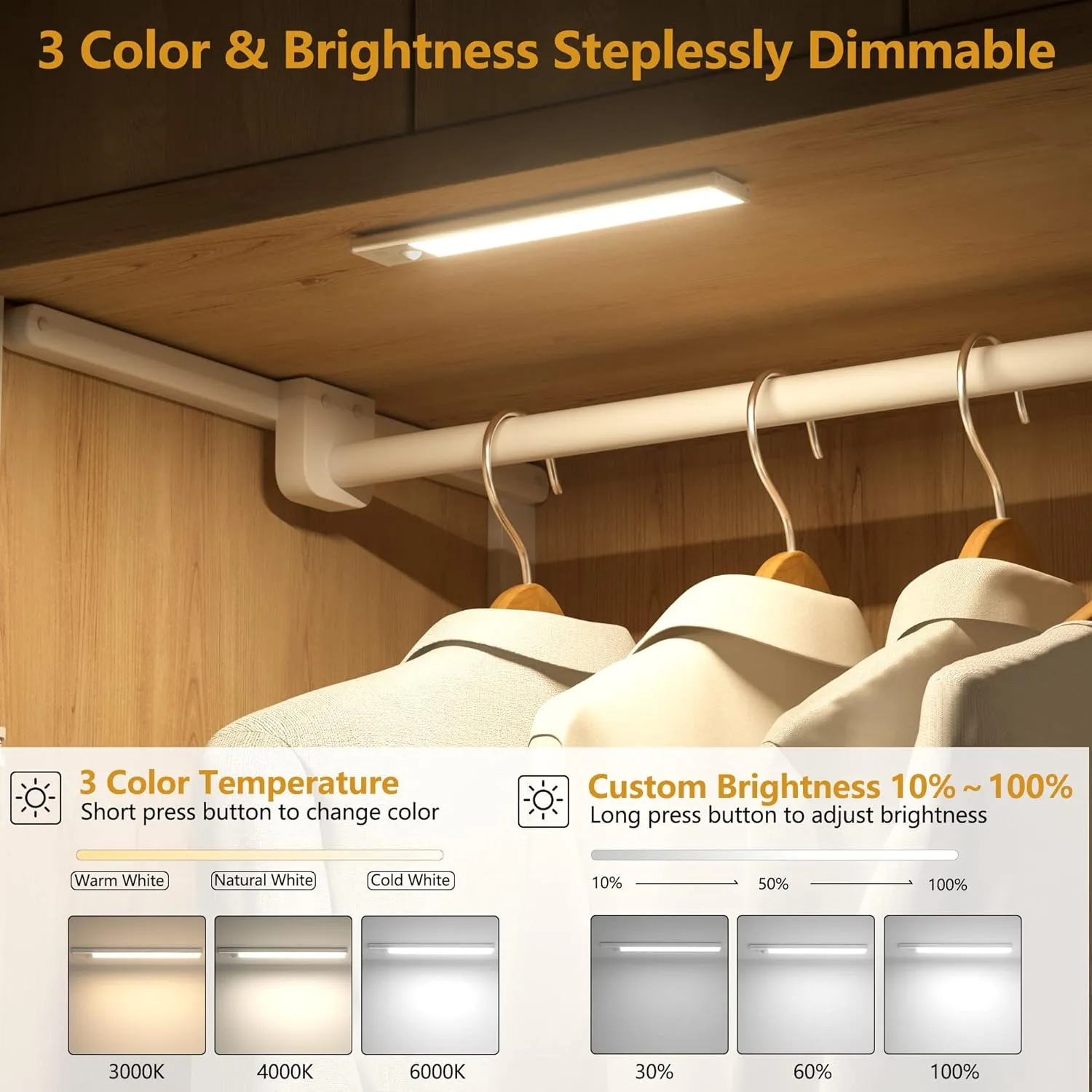 Under Cabinet Lights Motion Sensor 3 Color Temperatures LED Closet Light, USB-C Rechargeable Under Counter Lights Night Light for Kitchen, Wardrobe (Silver - 3 Color, 8.07 Inch - 3 Pack)