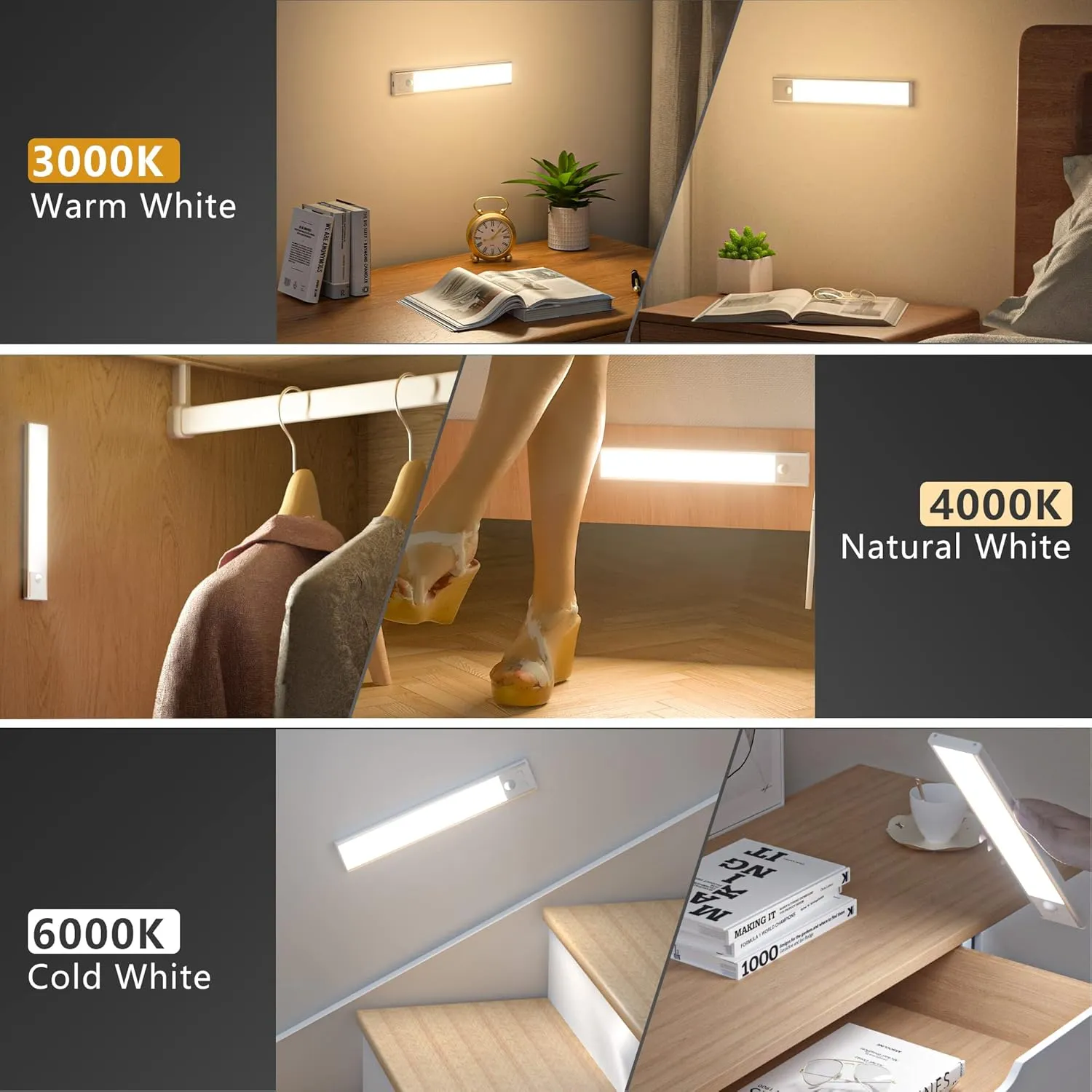 Under Cabinet Lights Motion Sensor 3 Color Temperatures LED Closet Light, USB-C Rechargeable Under Counter Lights Night Light for Kitchen, Wardrobe (Silver - 3 Color, 8.07 Inch - 3 Pack)