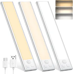 Under Cabinet Lights Motion Sensor 3 Color Temperatures LED Closet Light, USB-C Rechargeable Under Counter Lights Night Light for Kitchen, Wardrobe (Silver - 3 Color, 8.07 Inch - 3 Pack)