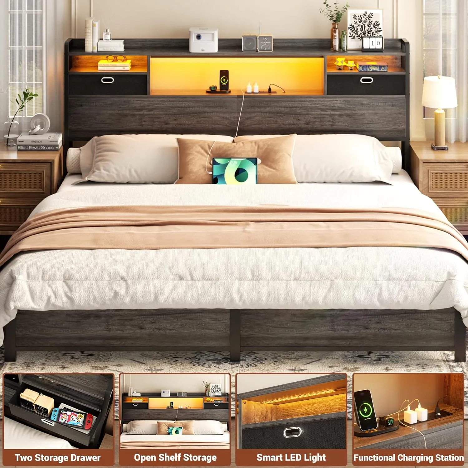 Unikito King Size Headboard with Drawer Storage and LED Light, Wood Headboard Only for King Bed with Power Outlet and Bookcase, Sturdy Head Board for Bedroom, Dorm Room, Guest Room, Gray Oak