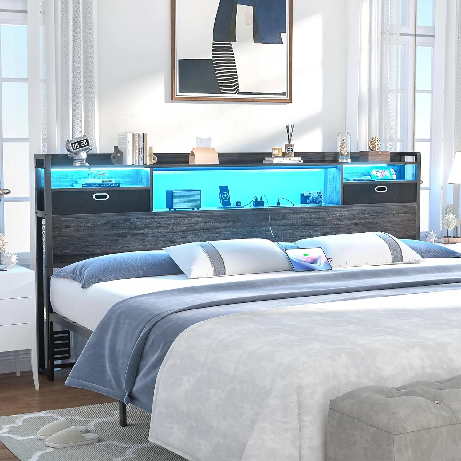 Unikito King Size Headboard with Drawer Storage and LED Light, Wood Headboard Only for King Bed with Power Outlet and Bookcase, Sturdy Head Board for Bedroom, Dorm Room, Guest Room, Gray Oak
