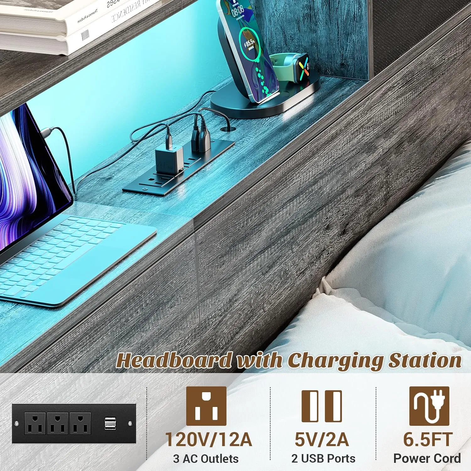 Unikito King Size Headboard with Drawer Storage and LED Light, Wood Headboard Only for King Bed with Power Outlet and Bookcase, Sturdy Head Board for Bedroom, Dorm Room, Guest Room, Gray Oak