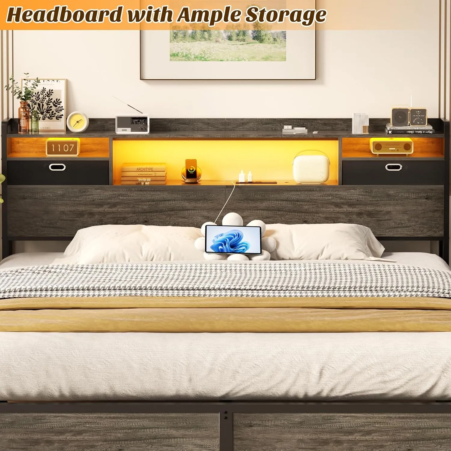 Unikito King Size Headboard with Drawer Storage and LED Light, Wood Headboard Only for King Bed with Power Outlet and Bookcase, Sturdy Head Board for Bedroom, Dorm Room, Guest Room, Gray Oak