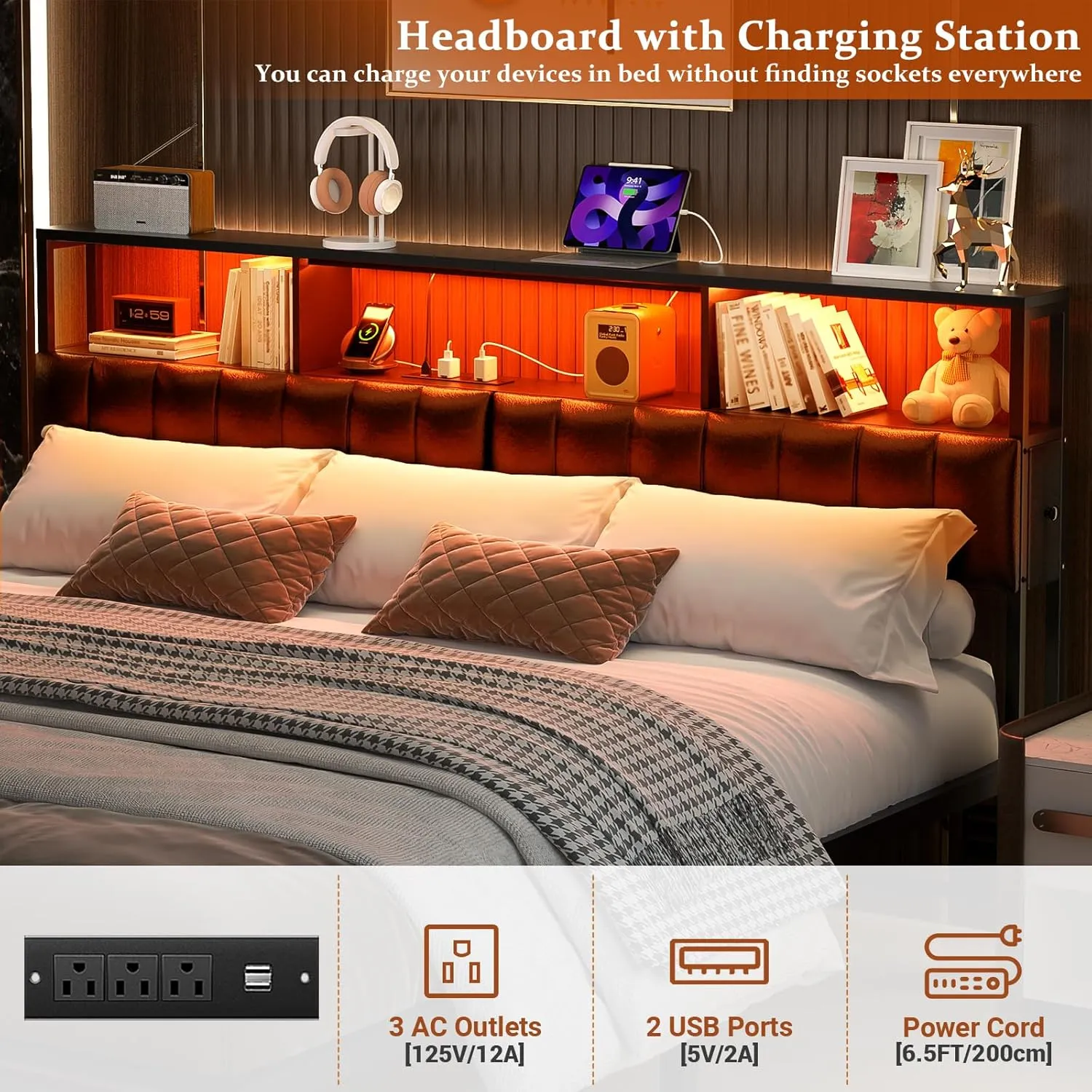 Unikito Upholstered King Size Headboard with Two Hidden Drawer Storage, Headboard for King Size with Power Outlet and LED Light, King Headboard Only, Sturdy and Stable Headboard for Bedroom, Black
