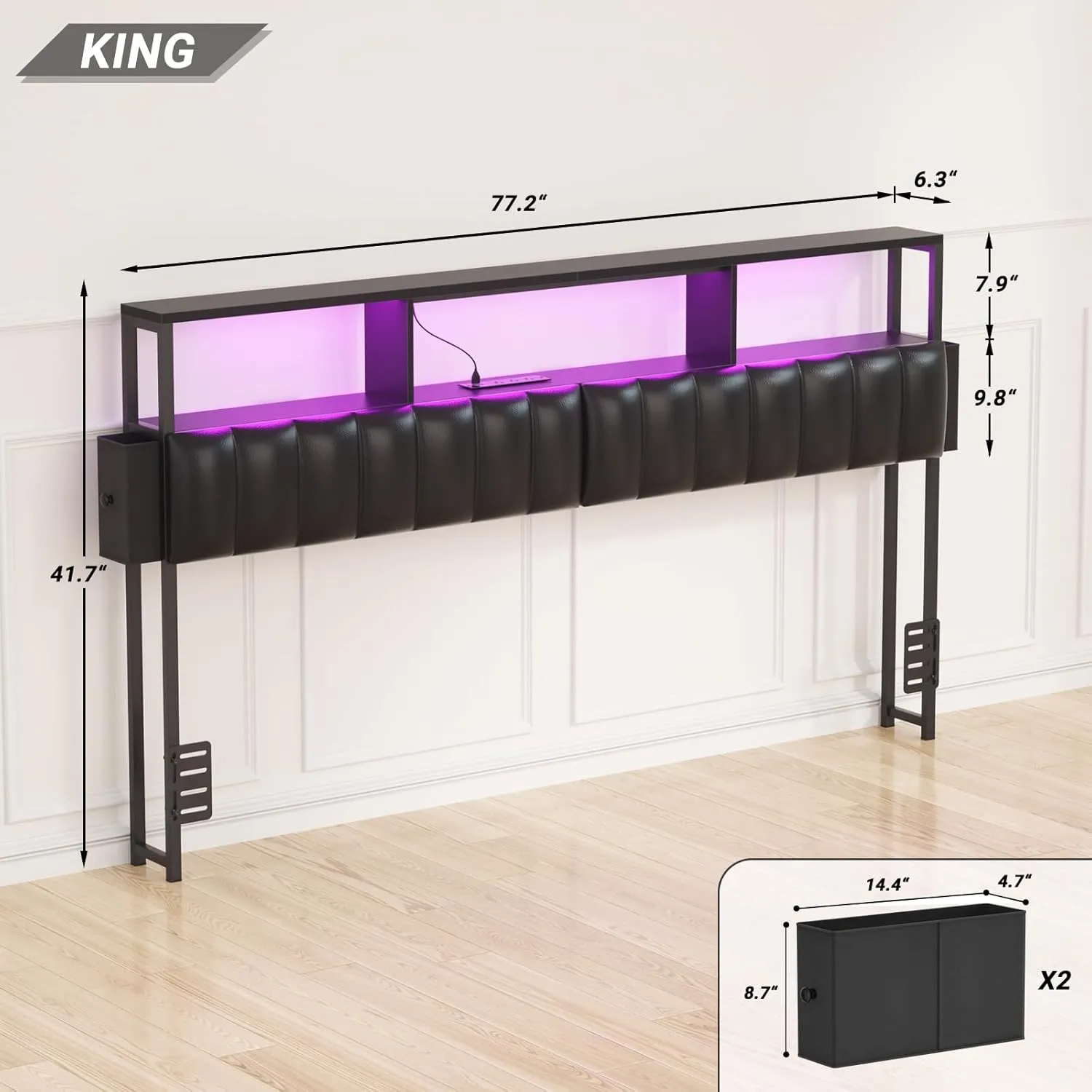 Unikito Upholstered King Size Headboard with Two Hidden Drawer Storage, Headboard for King Size with Power Outlet and LED Light, King Headboard Only, Sturdy and Stable Headboard for Bedroom, Black