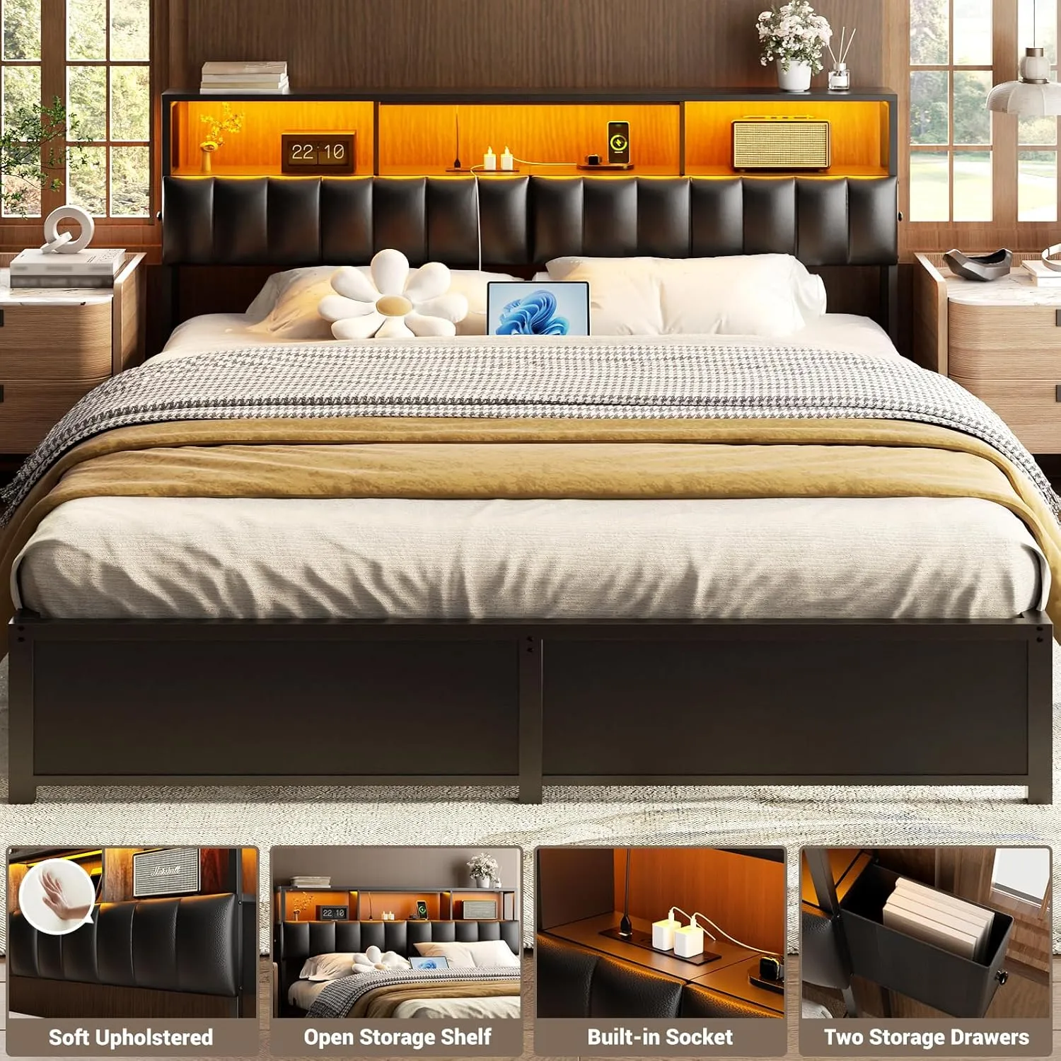 Unikito Upholstered King Size Headboard with Two Hidden Drawer Storage, Headboard for King Size with Power Outlet and LED Light, King Headboard Only, Sturdy and Stable Headboard for Bedroom, Black