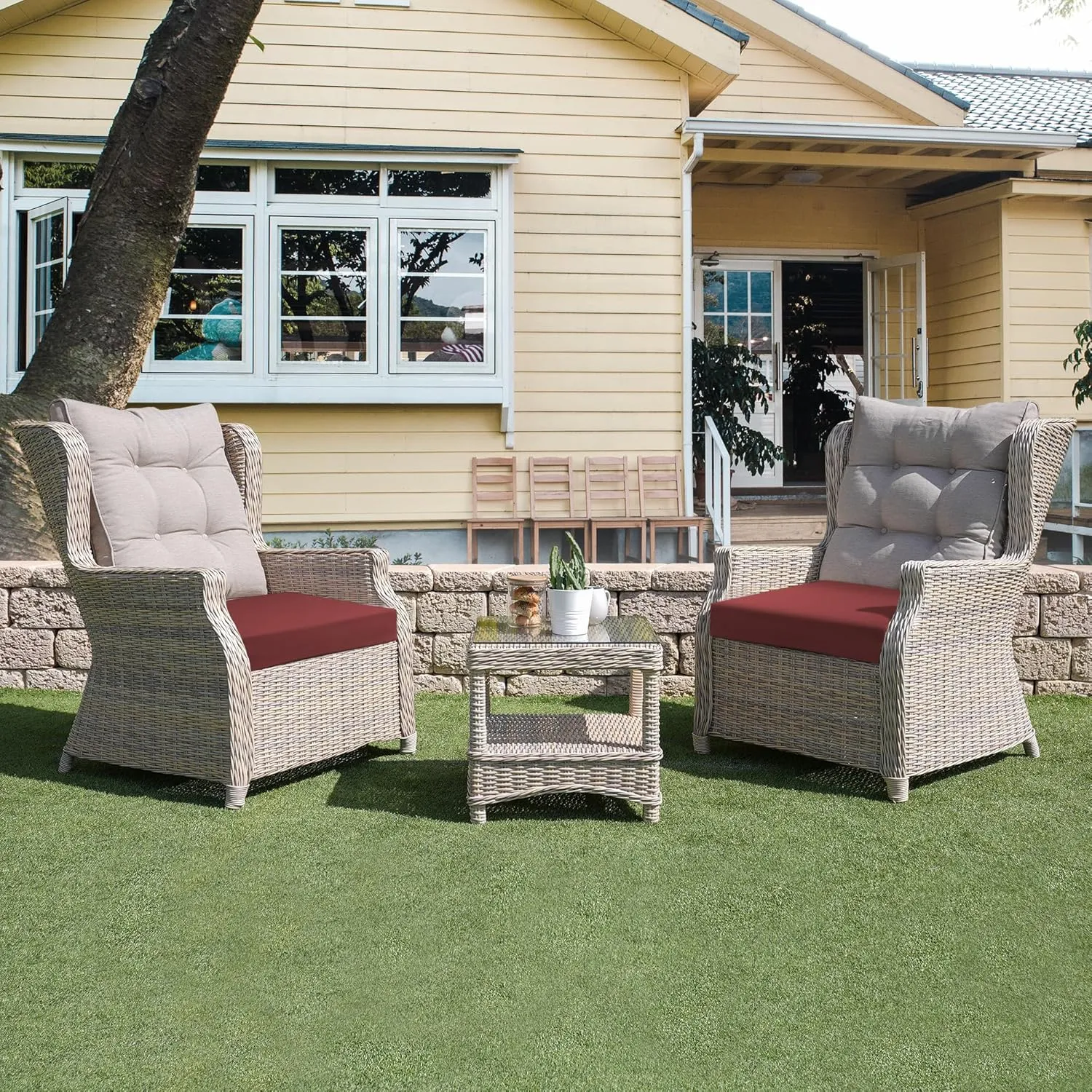 UNIKOME Outdoor Chair Cushions Pack of 4, Water Resistant Patio Cushions with Ties, High Density Sponge Filling Square Corner Seat Cushions for Outdoor Furniture, 18.5"*16"*3", Wine