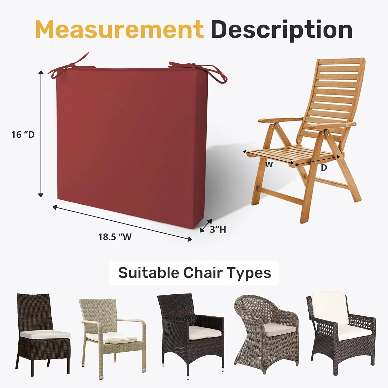 UNIKOME Outdoor Chair Cushions Pack of 4, Water Resistant Patio Cushions with Ties, High Density Sponge Filling Square Corner Seat Cushions for Outdoor Furniture, 18.5"*16"*3", Wine