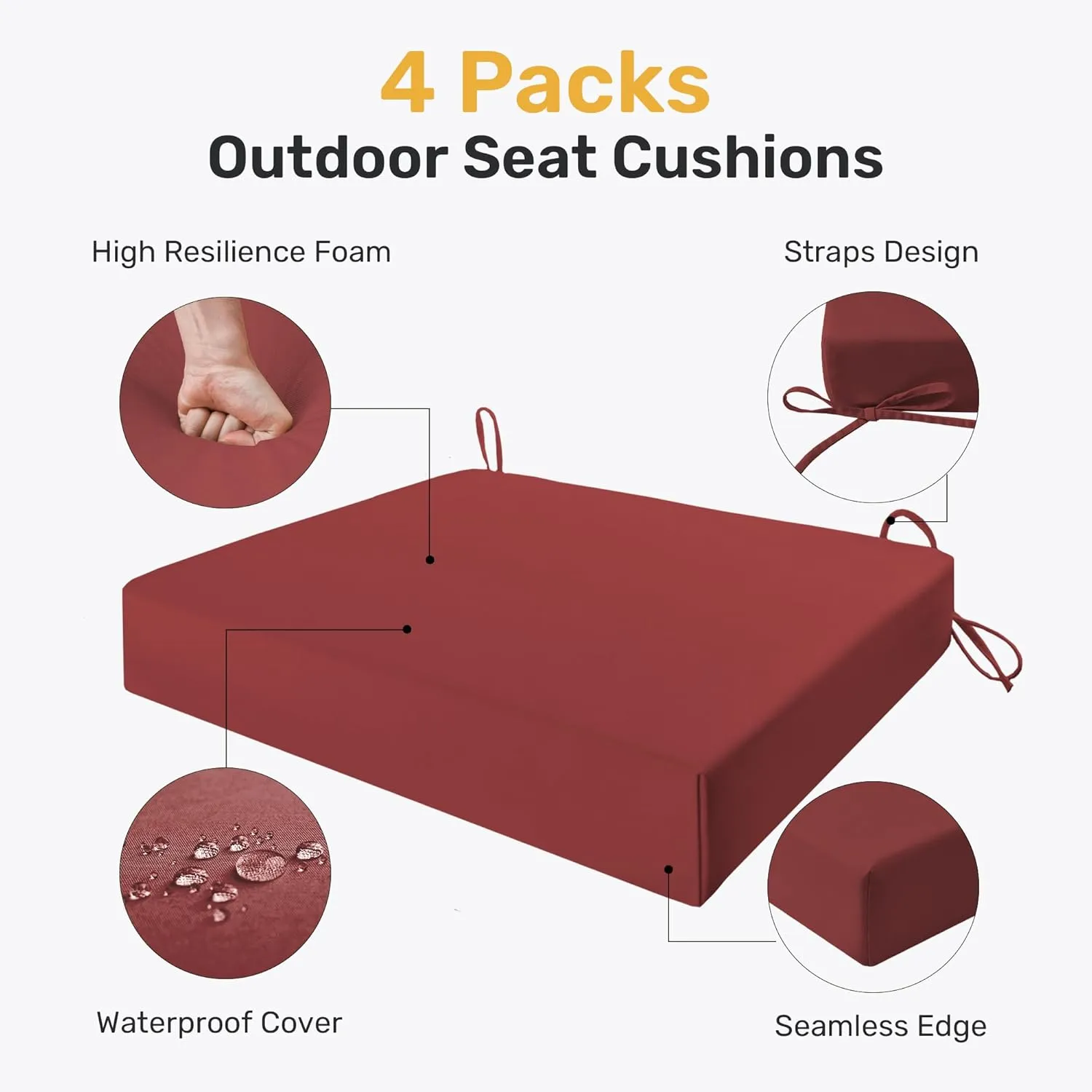 UNIKOME Outdoor Chair Cushions Pack of 4, Water Resistant Patio Cushions with Ties, High Density Sponge Filling Square Corner Seat Cushions for Outdoor Furniture, 18.5"*16"*3", Wine
