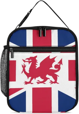 Union Jack with Wales Flag Lunch Bag Insulated Box Portable Reusable Tote Handbag with Strap for Women Men