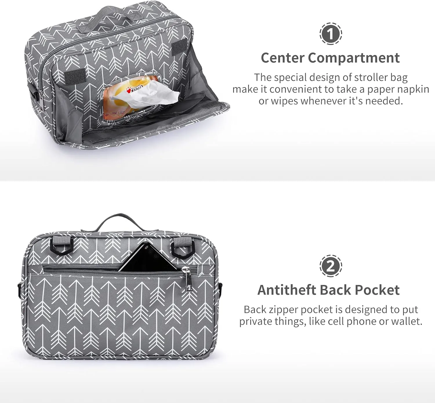 Universal Stroller Caddy Accessories All-in-One Baby Organizer with Insulated Pocket,Capacity for Diapers, Toys & Snacks, Dark Gray