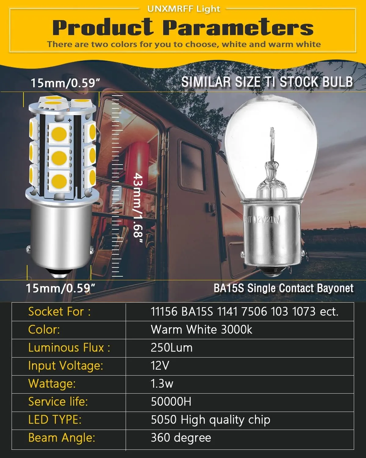 UNXMRFF 1156 led bulb Warm White Camper Light Bulbs 7506 1073 BA15S 1003 LED Bulb 1141 RV Light Bulbs Super Bright 5050 18-SMD Replacement for 12V Trailer/Boat/motorhome Interior Light (Pack of 20)