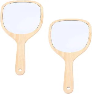 Uonlytech Hand Held Mirror 2pcs Handheld Hand Mirror for Makeup, Compact Travel Makeup Mirrors Wood Handle Portable Women Vanity Mirror for Barber Shaving Haircut Round Mirror