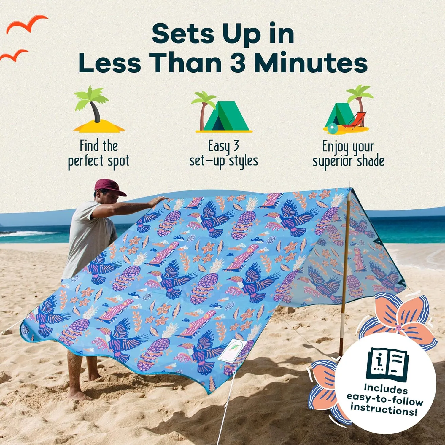 UPF 50  Portable Beach Canopy Tent Set - 3-Step Assembly, Tiki Pop Print - Includes Bag, Poles, Stakes & Hammer - Ideal Sun Shade for Beach, Easy and Convenient