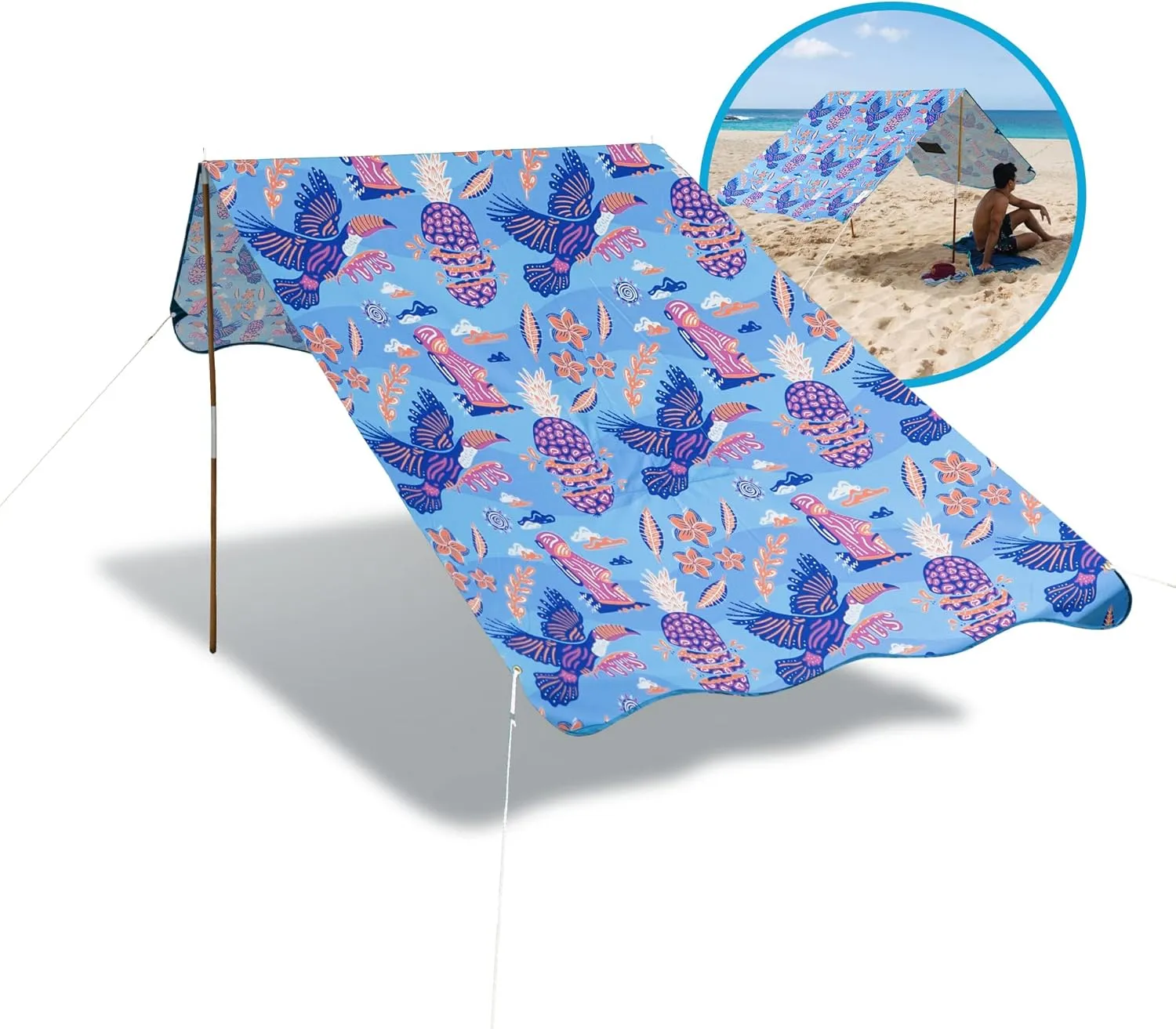 UPF 50  Portable Beach Canopy Tent Set - 3-Step Assembly, Tiki Pop Print - Includes Bag, Poles, Stakes & Hammer - Ideal Sun Shade for Beach, Easy and Convenient