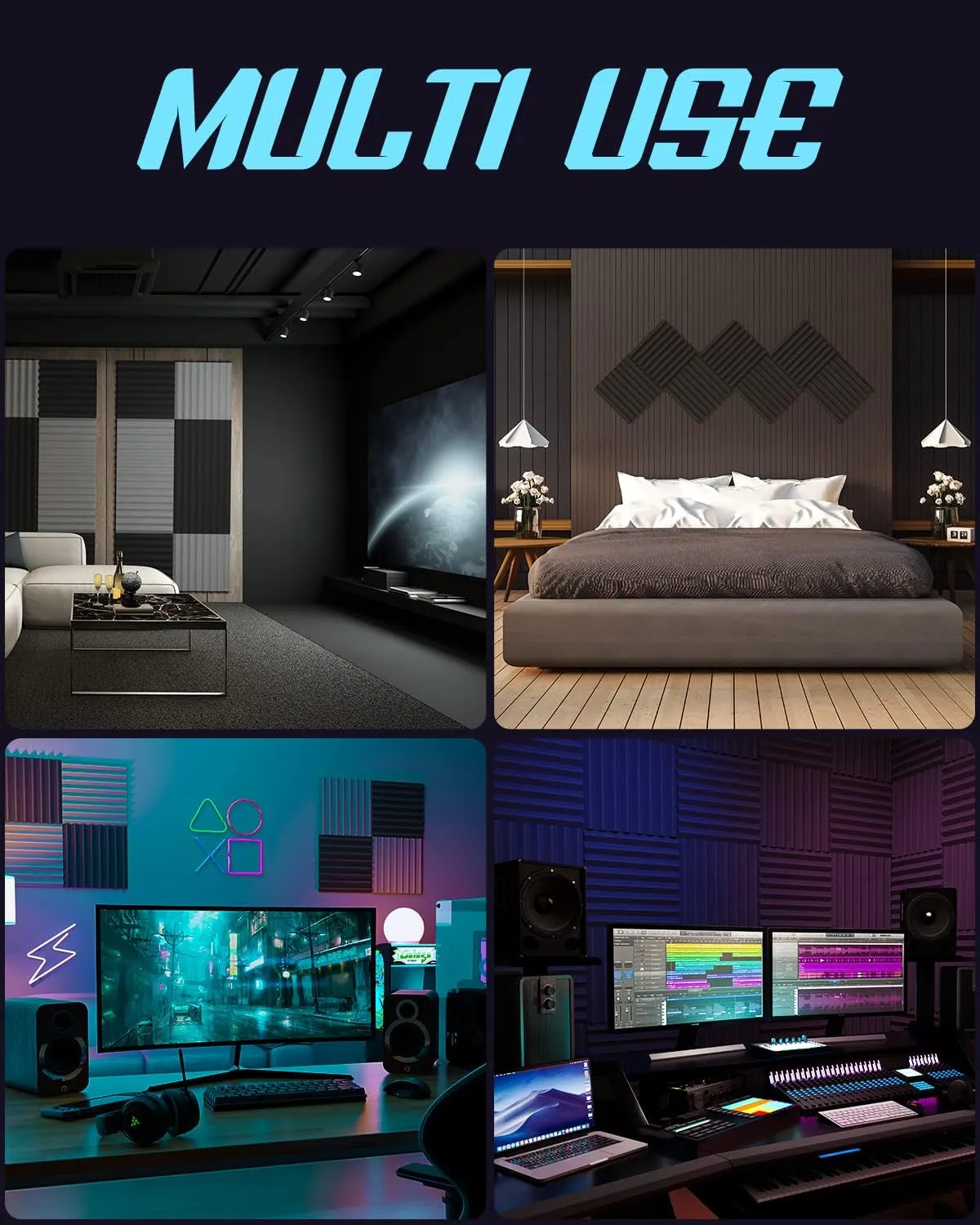 Upgrade 52 pack Sound Proof Foam Panels With Self-Adhesive, 1" X 12" X 12" Quick-Recovery Acoustic Panels, Acoustic Foam Wedges High Density (52pcs, Black)