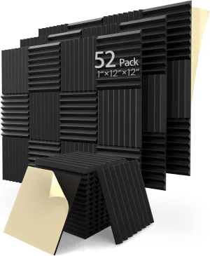 Upgrade 52 pack Sound Proof Foam Panels With Self-Adhesive, 1" X 12" X 12" Quick-Recovery Acoustic Panels, Acoustic Foam Wedges High Density (52pcs, Black)