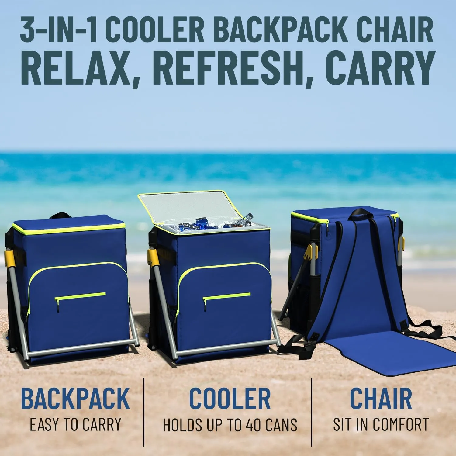 Upgraded Insulated Cooler Backpack Chair, Built-in Folding Chair, 40 Can Capacity, Leakproof Liner for Beach, Picnic, Park, Everlasting Comfort