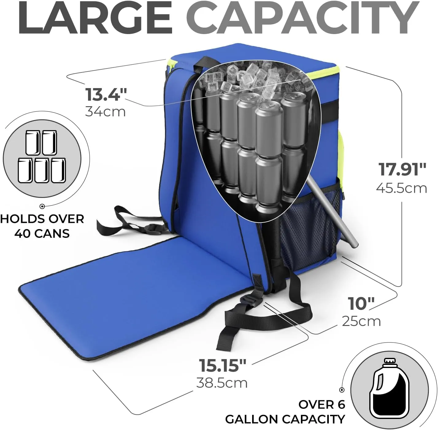 Upgraded Insulated Cooler Backpack Chair, Built-in Folding Chair, 40 Can Capacity, Leakproof Liner for Beach, Picnic, Park, Everlasting Comfort