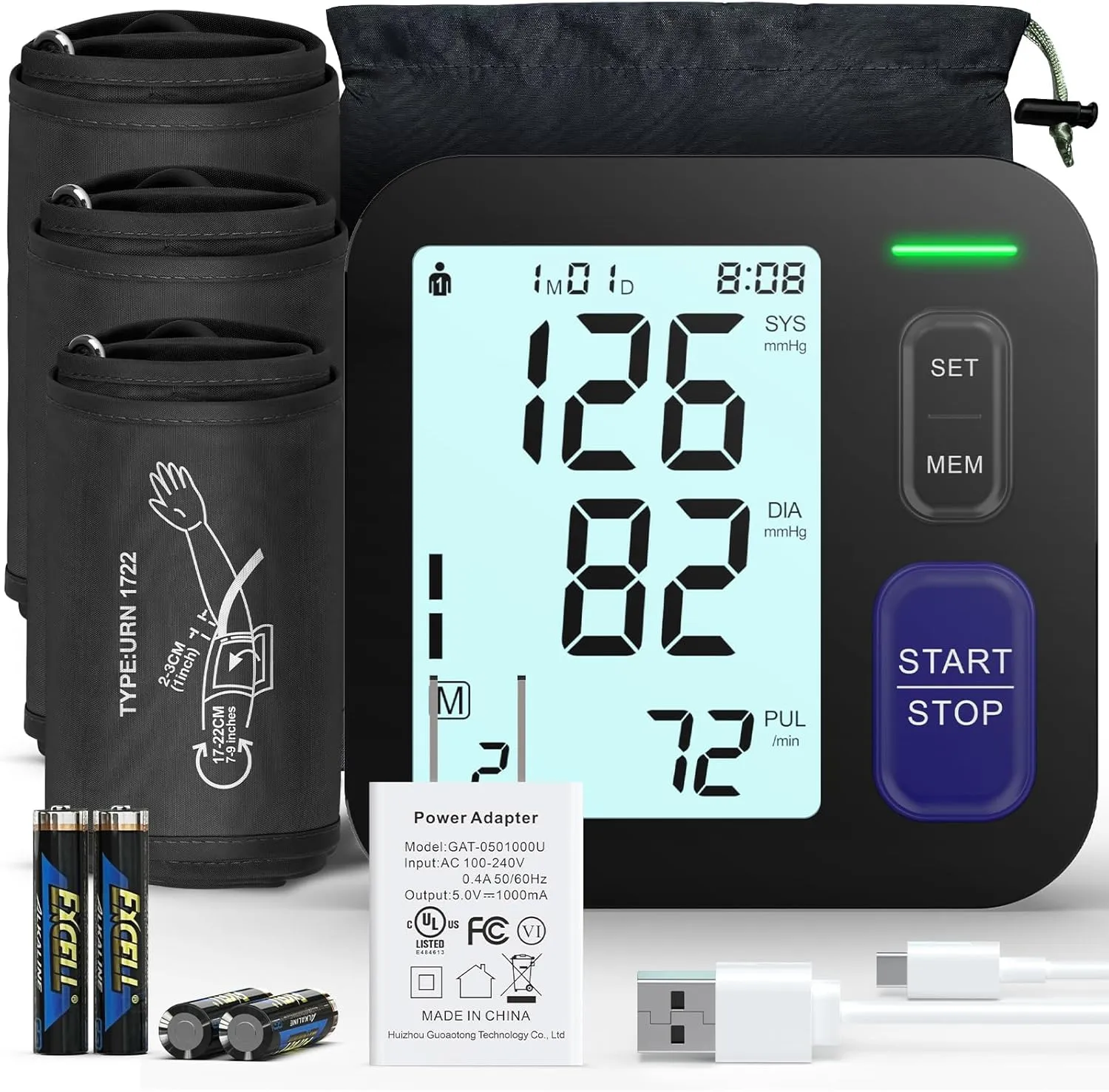 Upper Arm Blood Pressure Machine - 3 Size Cuffs, Small 7"-9", Medium 9"-17" and Extra Large XL 13"-21" for Big Arms, Accurate Automatic Digital BP Machine for Home Use, Large Display, 3 Users