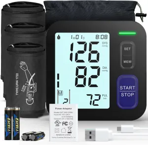 Upper Arm Blood Pressure Machine - 3 Size Cuffs, Small 7"-9", Medium 9"-17" and Extra Large XL 13"-21" for Big Arms, Accurate Automatic Digital BP Machine for Home Use, Large Display, 3 Users