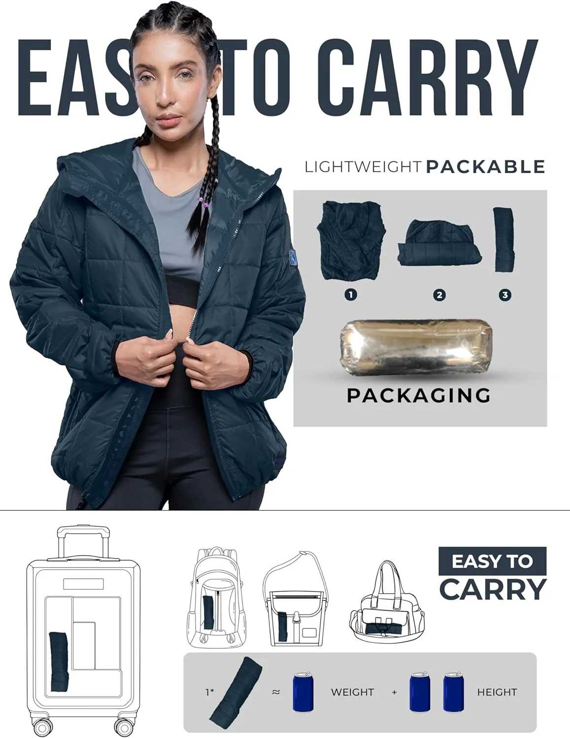 URBAN BUCK Packable Puffer Jacket Women with Hood – 32 Degree Lightweight Quilted Winter Puff Foldable Jacket for Women