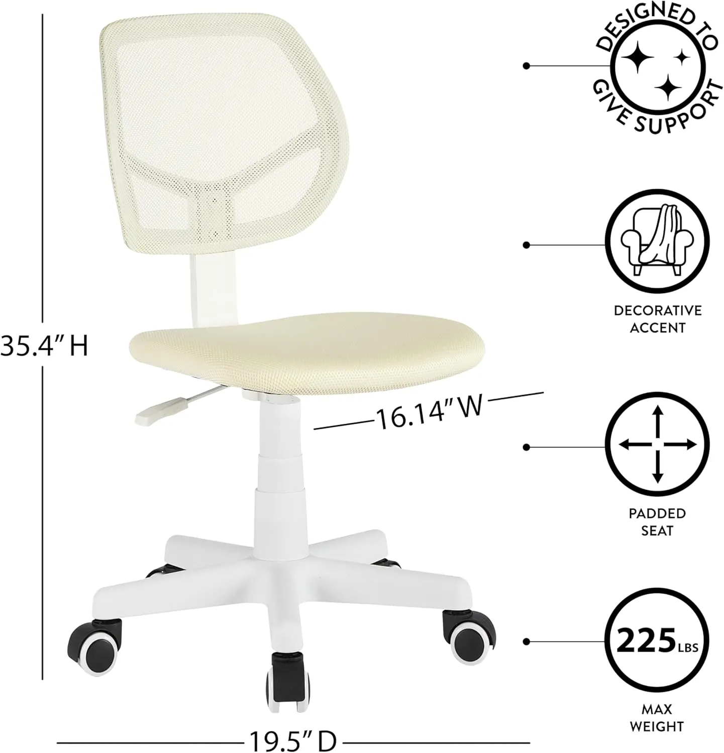 Urban Lifestyle Computer Office Rolling Swivel Task Desk Chair with Mesh Backrest and Caster Wheels, White with White Legs