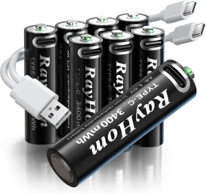 USB Rechargeable Lithium Batteries AA - 8-Pack Double A Batteries, Rechargeable AA Li-ion Battery with 2 USB-C 2-in-1 Charging Cable, 1.5V 3400mWh, Charges 1.5 Hours, Over 1000  Cycles
