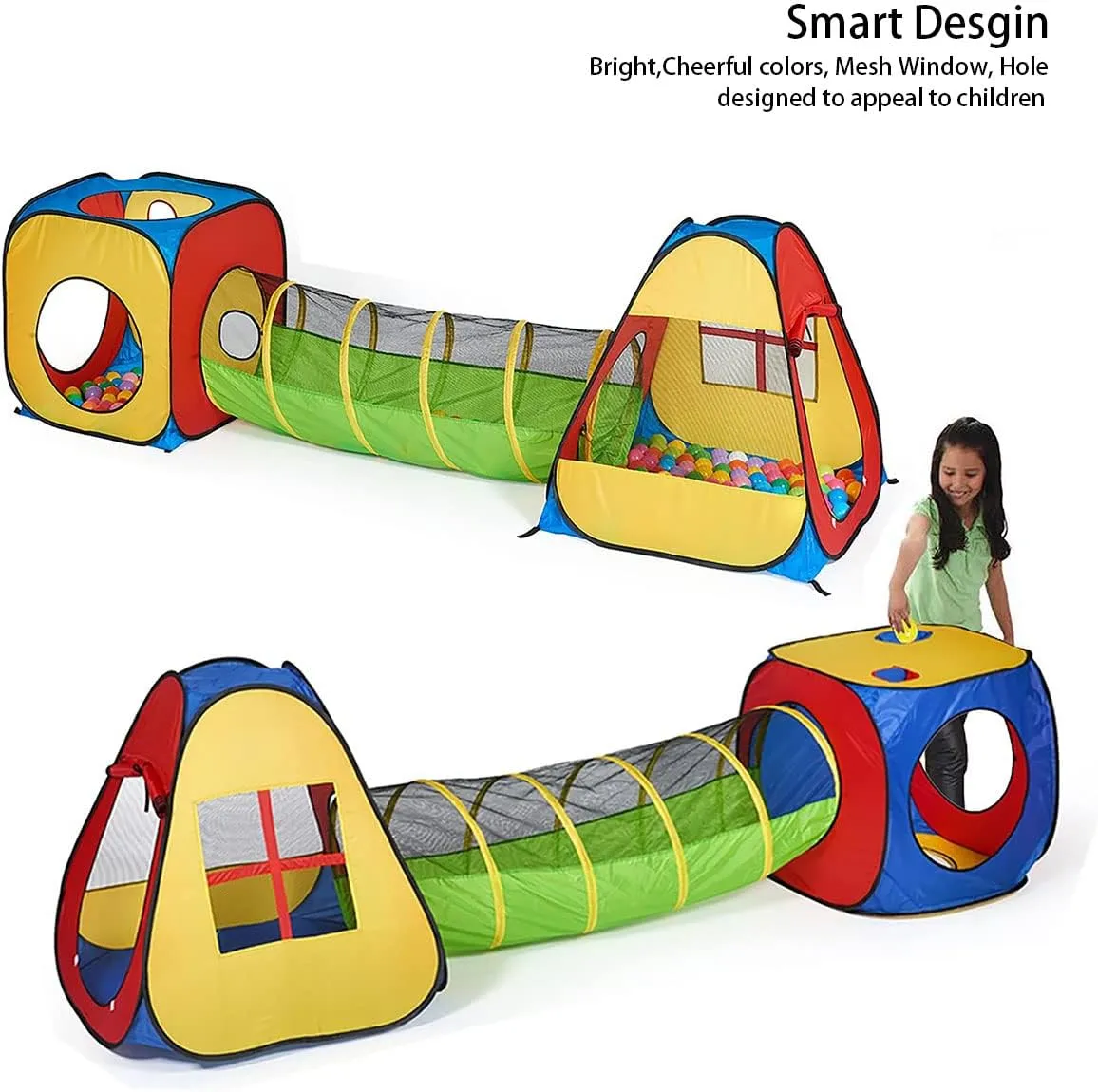 UTEX 3 in 1 Pop Up Play Tent with Tunnel, Ball Pit for Kids, Boys, Girls, Babies and Toddlers, Indoor/Outdoor Playhouse，Yellow