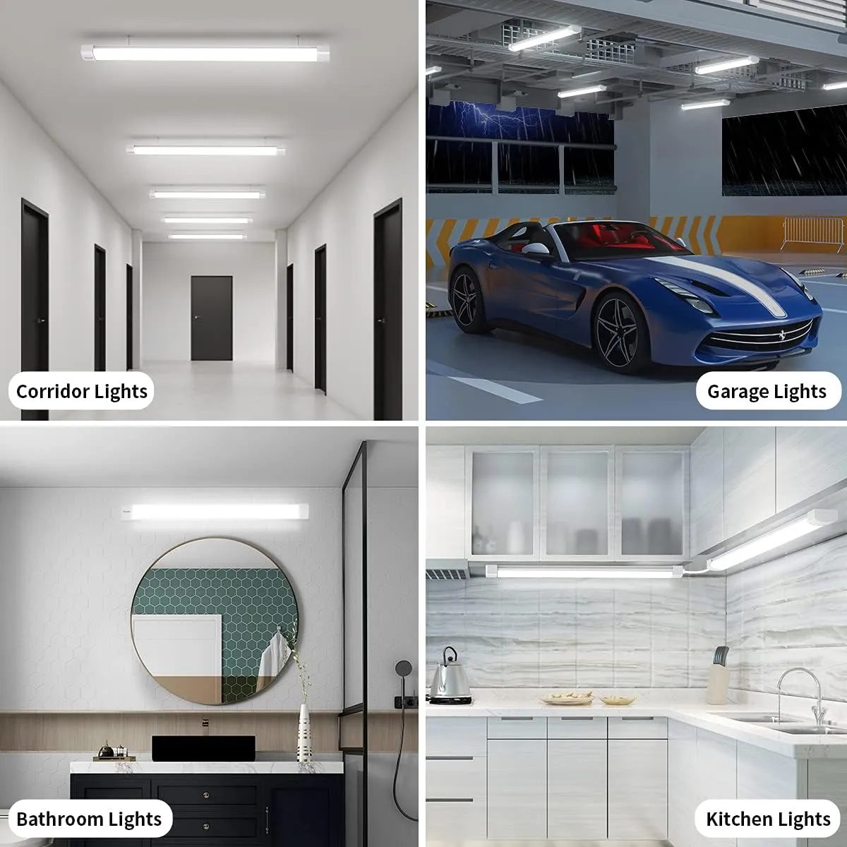 Utility LED Shop Light Fixture 2PCS 4FT Linkable Plug in LED Tube Light for Kitchen Bathroom Garage Basement Office, Long LED Shoplight, Corded Electric with ON/Off Switch, IP66 Waterproofing