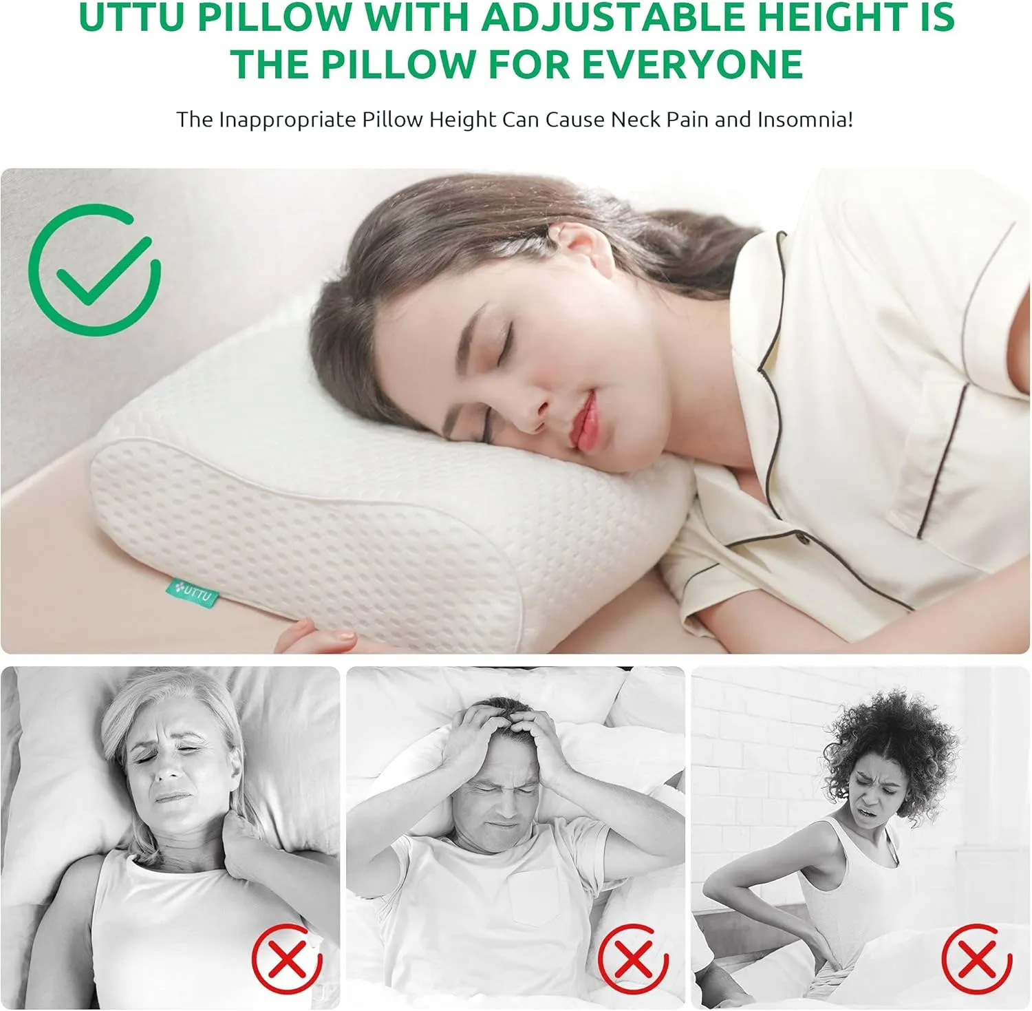 UTTU Cervical Pillow for Neck Strain Relief, Memory Foam Neck Pillow for Sleeping, Adjustable Orthopedic Sandwich Pillow, Contour Cooling for Side Back Stomach Sleeper, Queen(23.6"×14"×4.7"/3.9")
