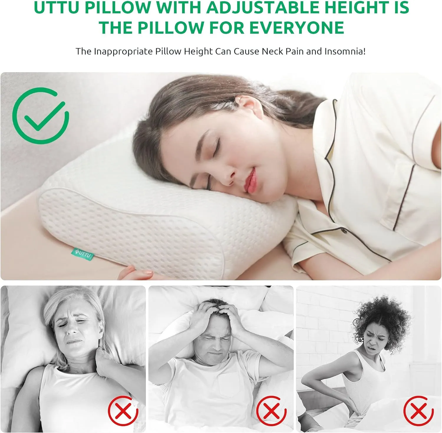 UTTU Cervical Pillow for Neck Strain Relief, Memory Foam Neck Pillow for Sleeping, Adjustable Orthopedic Sandwich Pillow, Contour Cooling for Side Back Stomach Sleeper, Queen(23.6"×14"×4.7"/3.9")