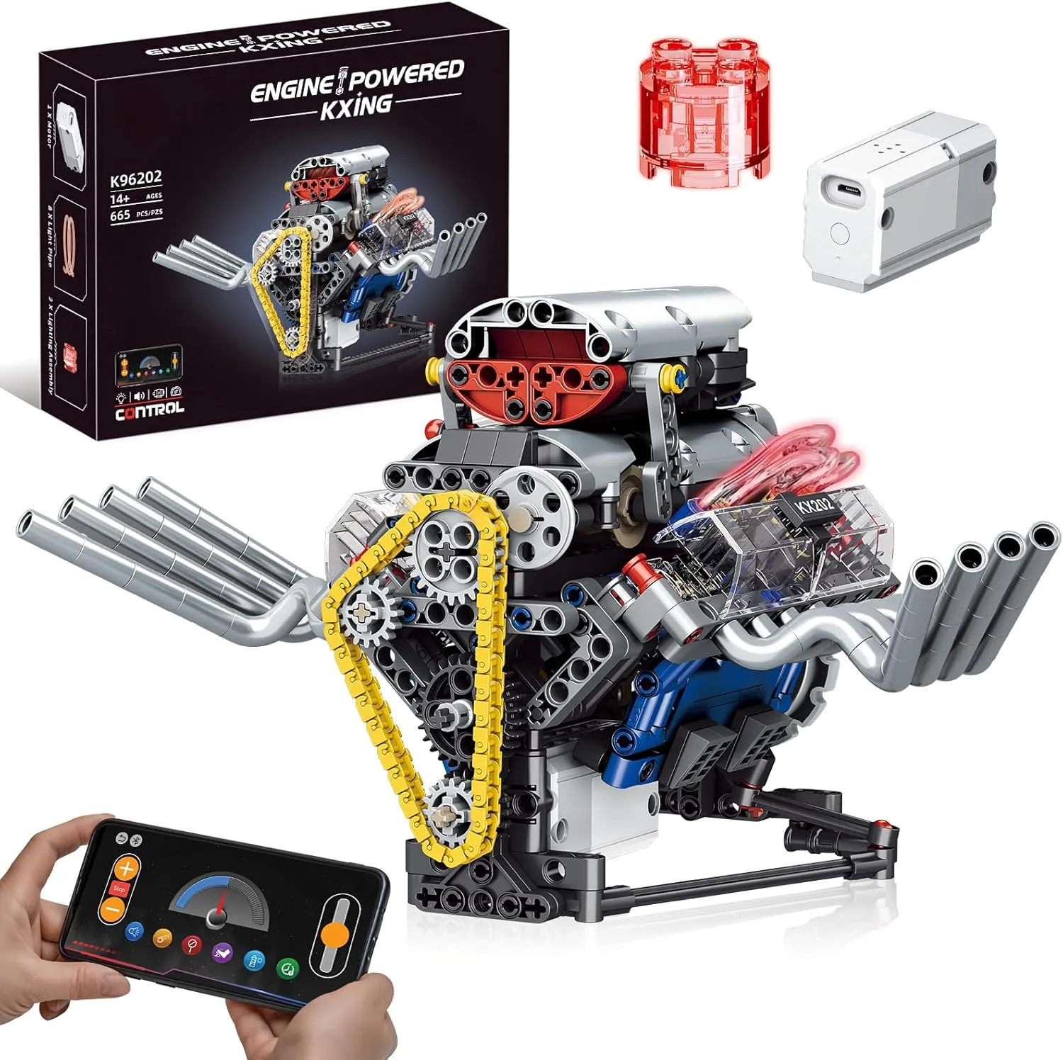 V8 Engine Model Kit That Works, APP Controlled Mini V8 Engine Building Block Set for Adults, Physical Science Experiment Toy with Rechargeable Motor, STEM Project for Kids & Teens (665 PCS)