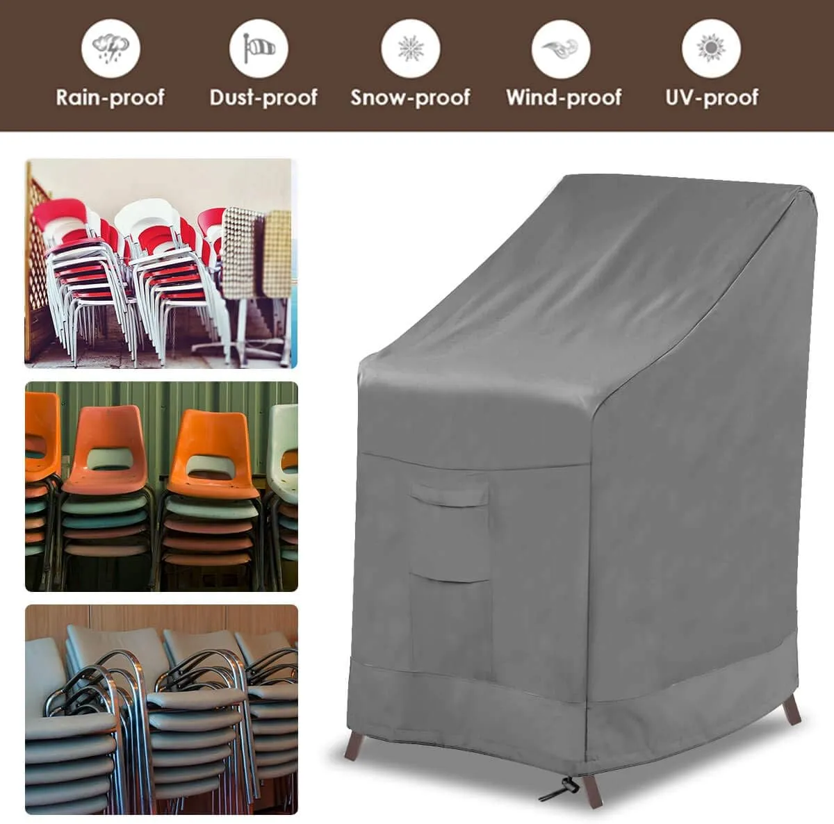 Vailge Stackable Patio Chair Cover,100% Waterproof Outdoor Chair Cover, Heavy Duty Lawn Patio Furniture Covers,Fits for 4-6 Stackable Dining Chairs,2 Pack-36 Lx28 Wx47 H,Grey
