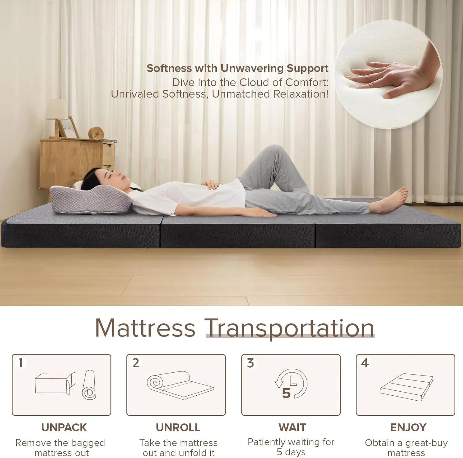 Vamcheer Tri Folding Mattress Twin Size - 6 Inch Foldable Mattress for Travel/RV/Camping/Guest Room/Yoga, 75"x38"x6" Tri-fold Memory Foam Cushion with Washable Cover, Handle & Non-Slip Bottom