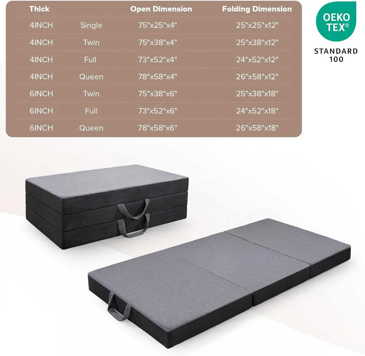 Vamcheer Tri Folding Mattress Twin Size - 6 Inch Foldable Mattress for Travel/RV/Camping/Guest Room/Yoga, 75"x38"x6" Tri-fold Memory Foam Cushion with Washable Cover, Handle & Non-Slip Bottom
