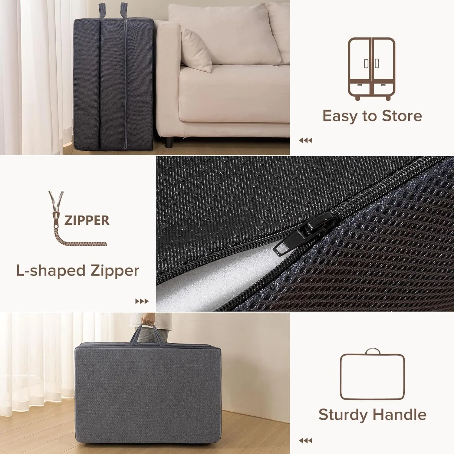 Vamcheer Tri Folding Mattress Twin Size - 6 Inch Foldable Mattress for Travel/RV/Camping/Guest Room/Yoga, 75"x38"x6" Tri-fold Memory Foam Cushion with Washable Cover, Handle & Non-Slip Bottom