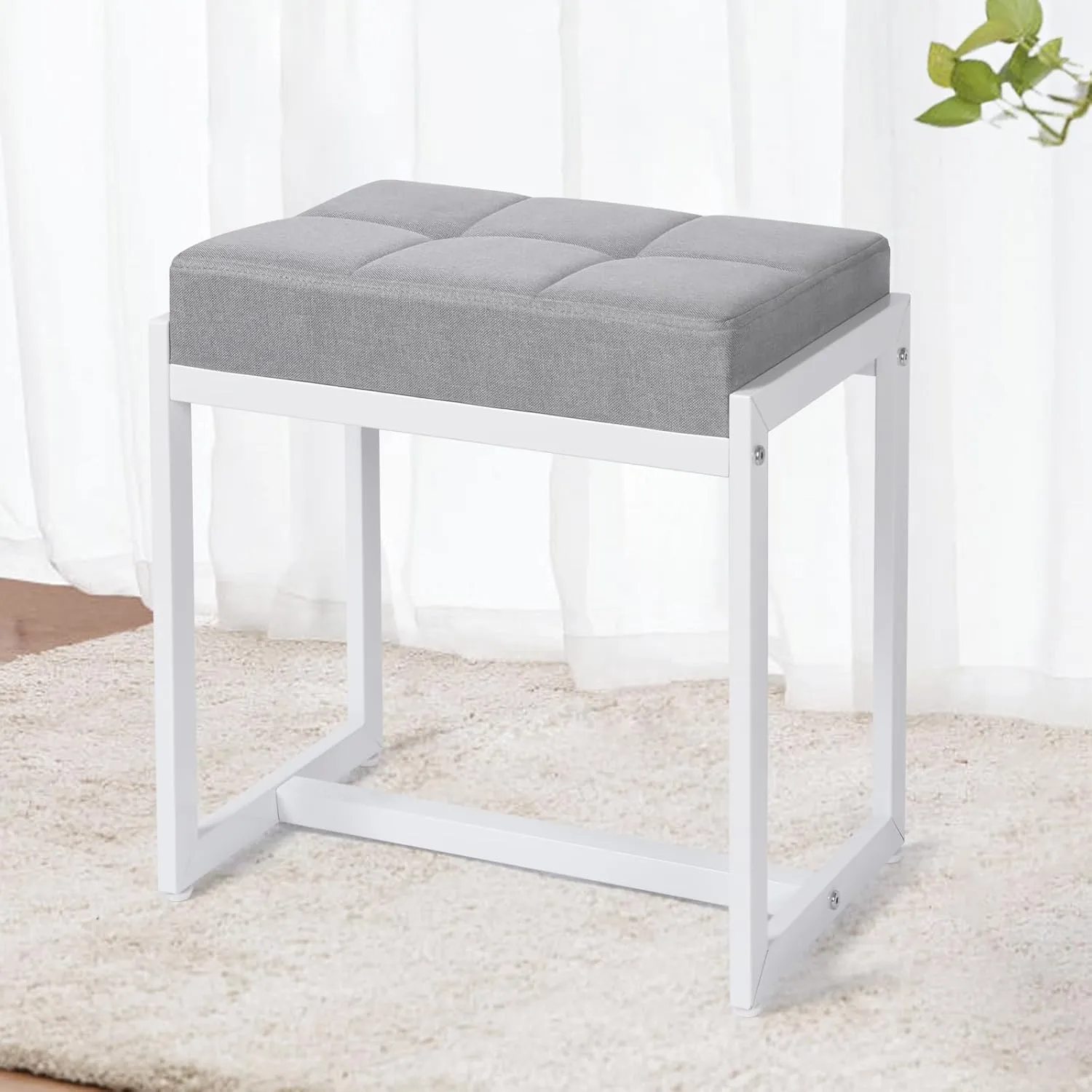 Vanity Stool, Vanity Chair Stools for Makeup Room, Square Linen Makeup Stool for Vanity, Modern Padded Small Ottomans Foot Rest for Bedroom Living Room, Grey & White