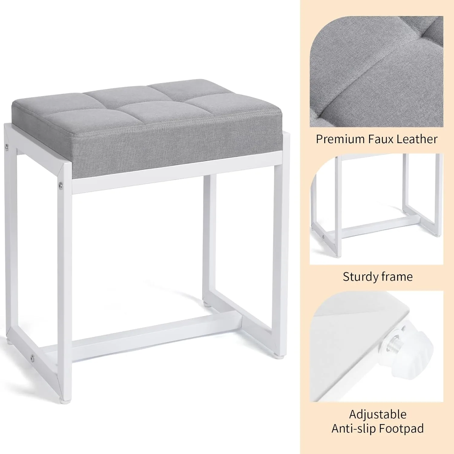 Vanity Stool, Vanity Chair Stools for Makeup Room, Square Linen Makeup Stool for Vanity, Modern Padded Small Ottomans Foot Rest for Bedroom Living Room, Grey & White