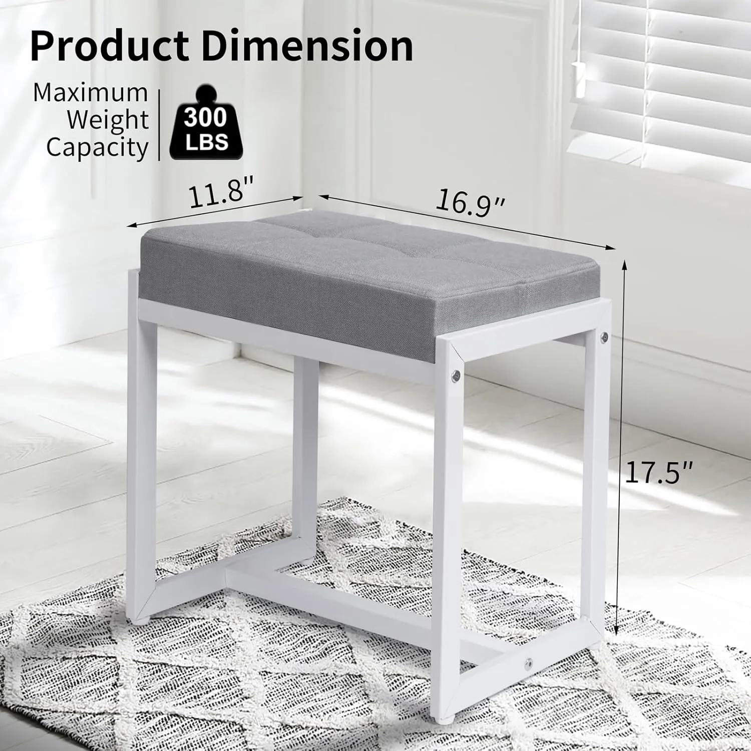 Vanity Stool, Vanity Chair Stools for Makeup Room, Square Linen Makeup Stool for Vanity, Modern Padded Small Ottomans Foot Rest for Bedroom Living Room, Grey & White