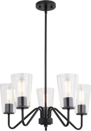 VAXCEL Beverly 5 Light Matte Black Chandelier Fixture Clear Glass Shade, LED Compatible