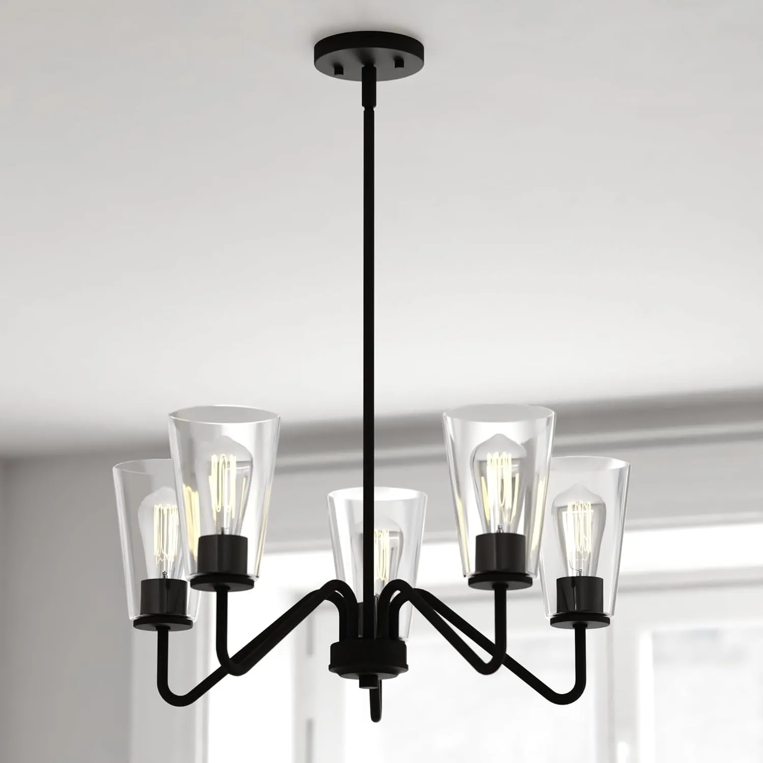 VAXCEL Beverly 5 Light Matte Black Chandelier Fixture Clear Glass Shade, LED Compatible