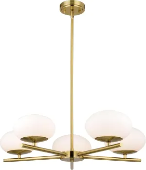 VAXCEL Sloane 5 Light LED Gold Satin Brass Mid-Century Modern Chandelier with White Glass Globes
