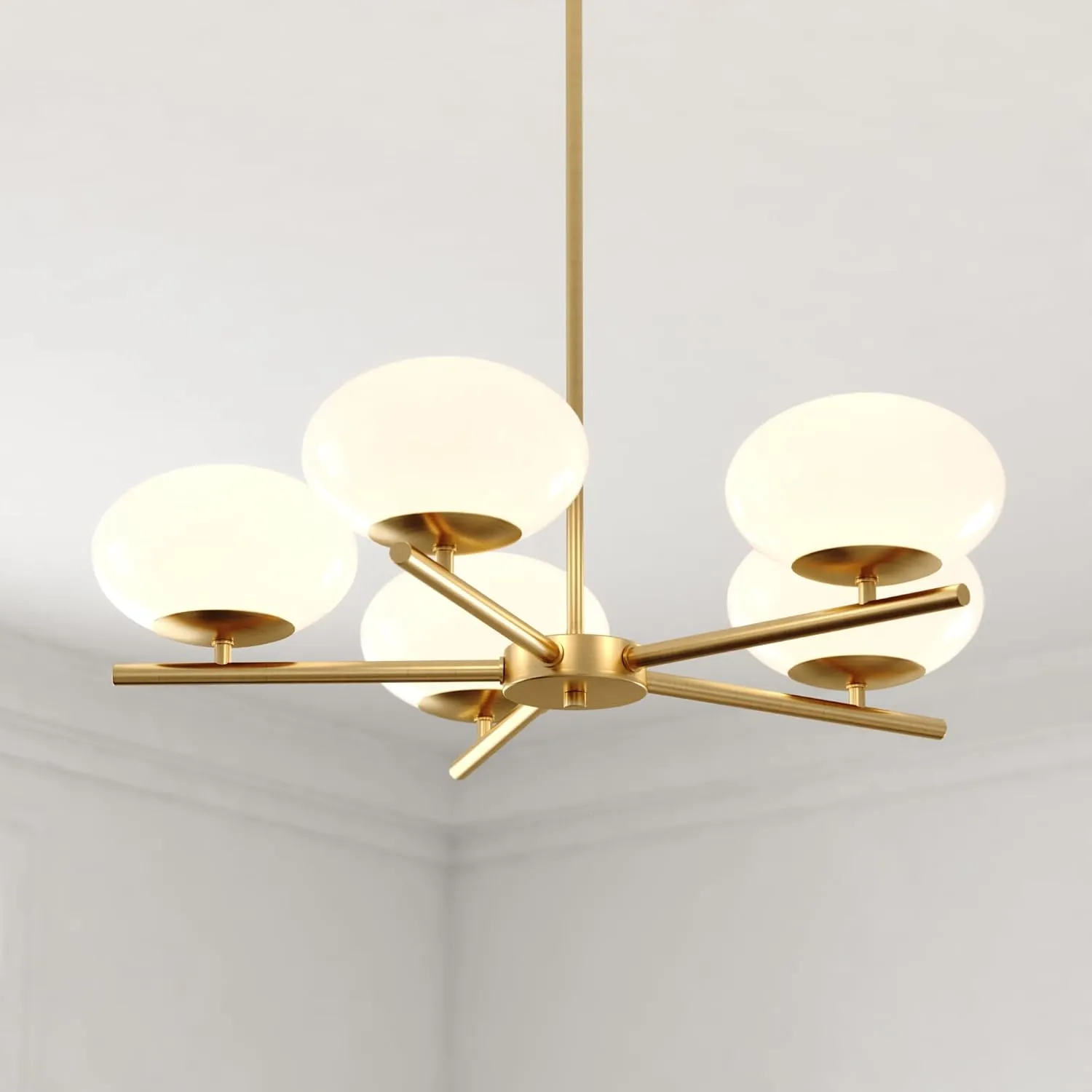 VAXCEL Sloane 5 Light LED Gold Satin Brass Mid-Century Modern Chandelier with White Glass Globes
