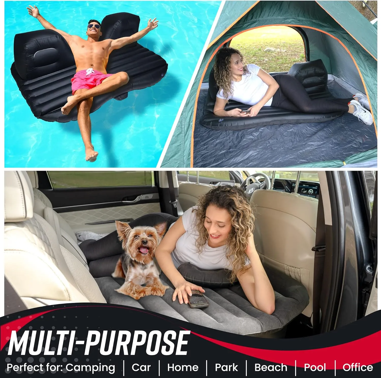VaygWay Inflatable Car Air Mattress – 2 Pk Air Bed with Pump Kit –Portable Back Seat Travel Air Mattress – Camping Vacation Blow up Bed Cushion - Sleeping Pad with 2 Pillows - Universal Car SUV Truck