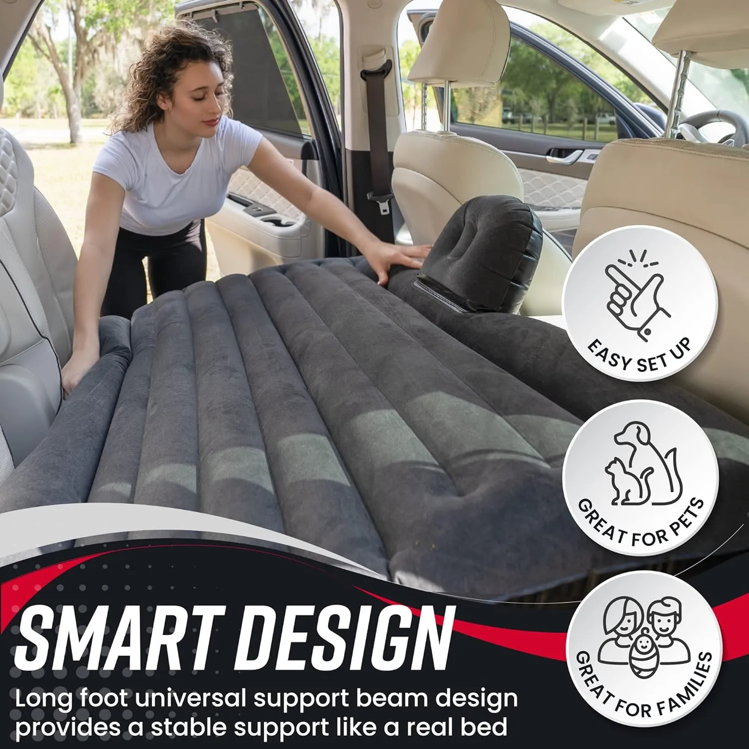 VaygWay Inflatable Car Air Mattress – 2 Pk Air Bed with Pump Kit –Portable Back Seat Travel Air Mattress – Camping Vacation Blow up Bed Cushion - Sleeping Pad with 2 Pillows - Universal Car SUV Truck