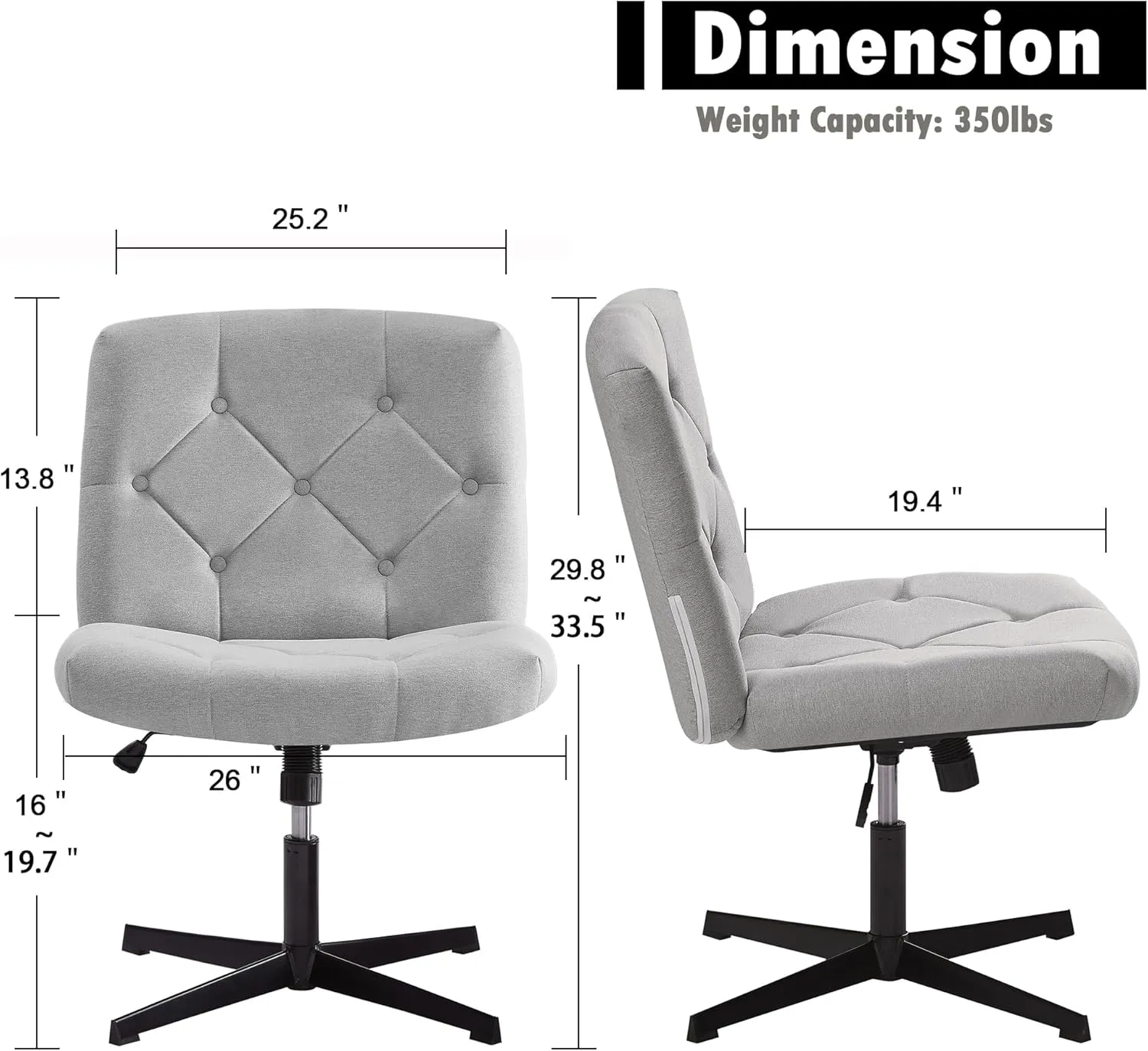 VECELO Modern Armless Criss Cross Chair No Wheels with Comfy Wide Fabric Padded Seat & Back, Swivel & Height Adjustable for Home/Bedroom/Make Up, Grey