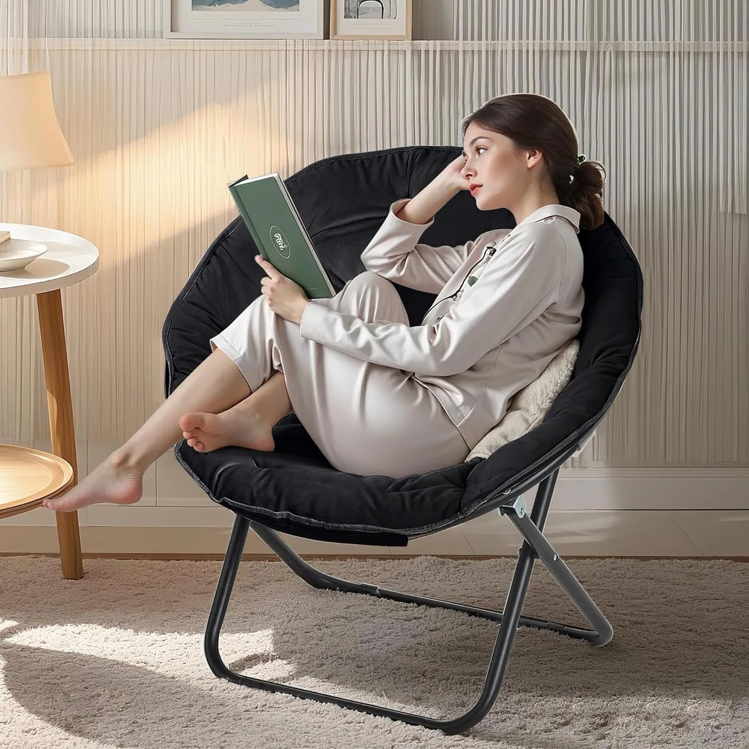 VECELO Saucer Chair for Adults, Folding Moon Chair with Metal Frame, Faux Fur for Bedroom, Living Room, Dorm Room, Apartment, Black
